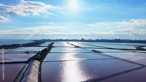 Vast salt flats glisten under the bright sun with gentle ripples in the water, while a distant city skyline outlines the peaceful horizon on a tranquil day.