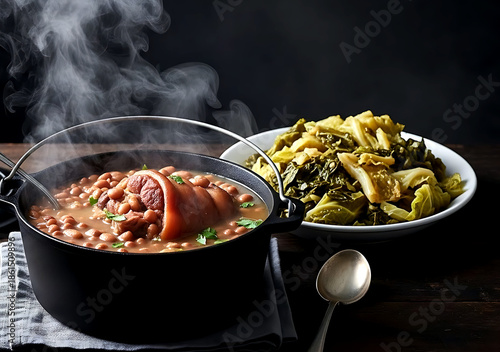 Appalachian-style soup beans and greens, steam rising from a cast-iron pot of pinto beans with a ham hock, served with a side of wilted cabbage cooked in potlikker 