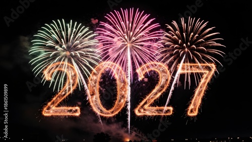 Texte lumineux « 2027 » entouré par des feux d'artifice colorés sur un fond nocturne noir spectaculaire | Bonne année 