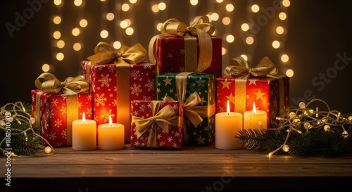 Festive christmas presents illuminated by warm candlelight and twinkling lights