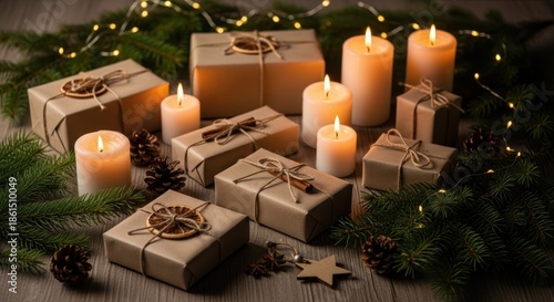 Warm christmas gifts and candles surrounded by festive greenery