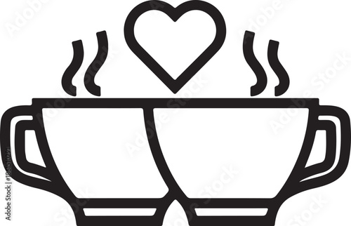 Two steaming coffee cups sitting closely together with a heart symbol floating above them