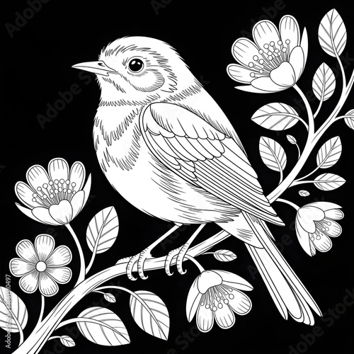 Bird with Flowers Line Art Coloring Page – Black and White Floral Bird Illustration