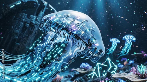 Futuristic jellyfish float in a vibrant, glowing deep-sea environment