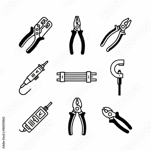 Collection of Hand Tools and Electrical Equipment Icons.