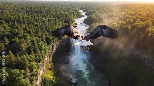 Eagle soaring over waterfall and lush forest