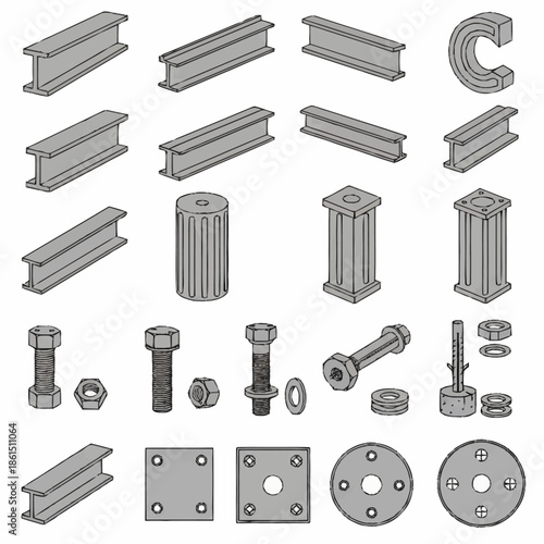 Collection of Industrial Metal Building Components and Fasteners.