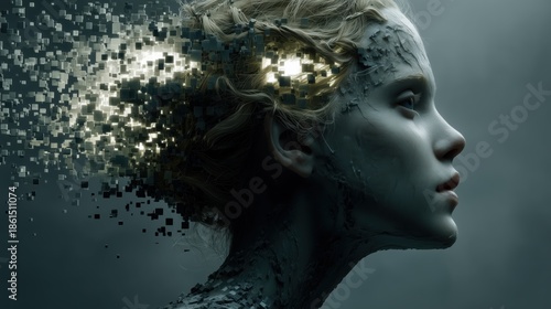 Wallpaper Mural Dark cinematic profile of woman with head disintegrating into glowing digital particles. Torontodigital.ca