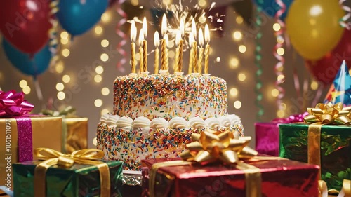 Sprinkled cake, gifts, balloons and party lights