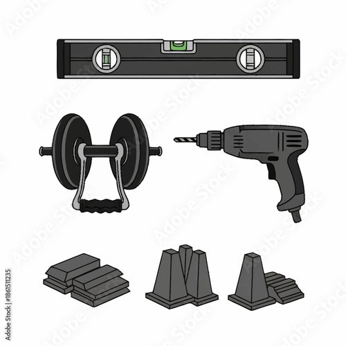 Collection of Tools and Equipment for Construction and Fitness.