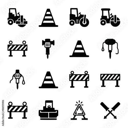 Construction Equipment and Safety Icons Set.