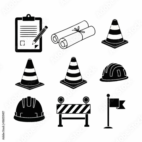Construction Site Safety and Planning Icons Set.