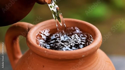 Water poured into a rustic clay pot, creating ripples