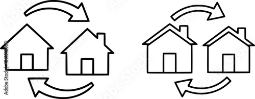 Two houses shown with circular arrows indicating exchange or movement between them.