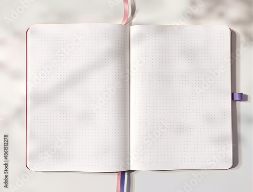 Open bullet journal with dot grid pages, flat lay on white desk with soft natural shadows, ideal for planners, note-taking, or digital mockups.