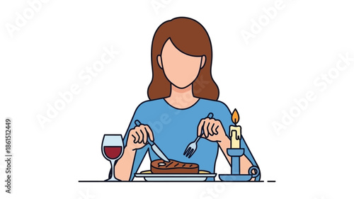 A woman enjoying a meal with steak wine and a lit candle