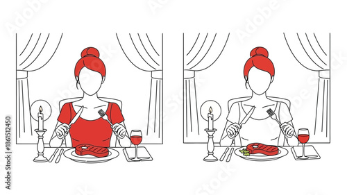A woman dining alone at a table with a meal and a glass of wine
