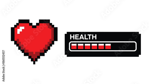 Pixelated heart and health bar representing vitality and gaming elements