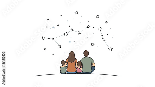 Family gazing at constellations and stars in a peaceful night scene