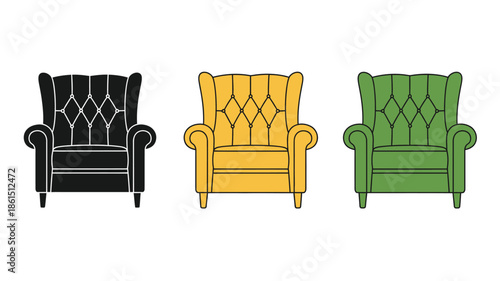 Three upholstered wingback chairs in different colors a design illustration
