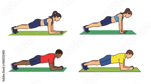 Illustration of diverse people performing the plank exercise for fitness training