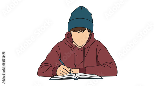 Sketch of a young man wearing a beanie and writing in a notebook