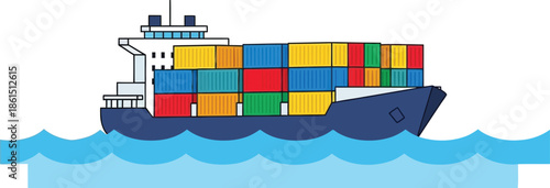 Colorful cargo ship sailing on blue waves a simple illustrated design