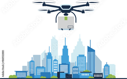 A drone delivering a package over a cityscape with tall buildings