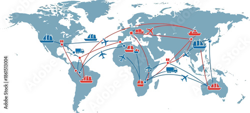 Global logistics network map illustrating worldwide transportation routes and connections