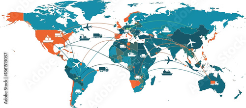 Global logistics network a world map illustrating international trade and transportation routes