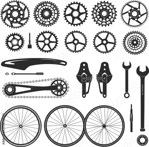 Cartoon-style bicycle parts and maintenance tools illustration ideal for cycling repair guides, mechanical design visuals, and bike component branding.