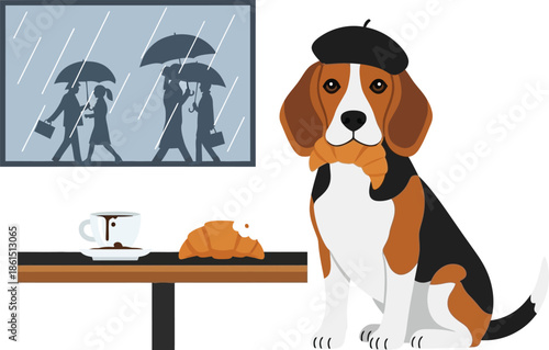 A charming beagle wearing a beret sits with coffee and pastry