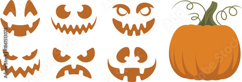 Cartoon-style jack-o'-lantern face designs and whole pumpkin illustration ideal for Halloween carving templates, festive decorations, and spooky visuals.