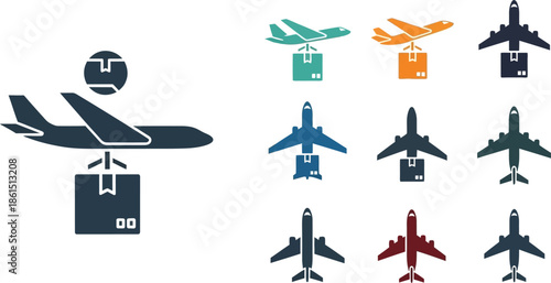 Collection of colorful airplane and pilot icons in a flat design style
