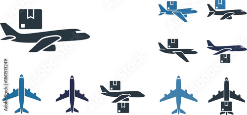 Various airplane and package delivery icons in a blue and dark tone