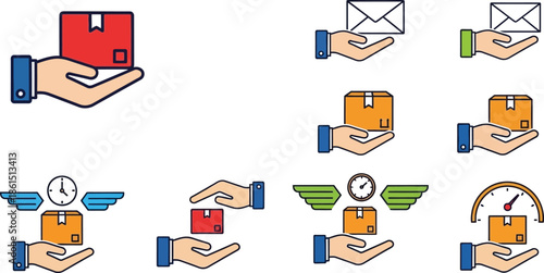 Delivery service icons showing packages hands time and progress elements