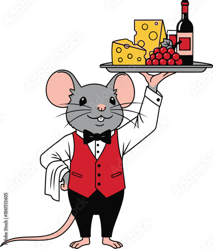 A charming mouse waiter presents a tray of cheese grapes and wine