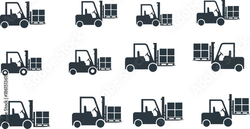 Multiple forklift icons carrying boxes in varying positions simple black and white design