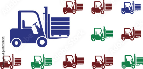 Colorful illustrations of forklifts in various shades and monochrome designs