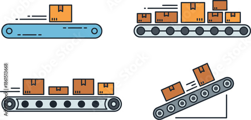 Boxes moving on conveyor belts logistics and shipping process illustration