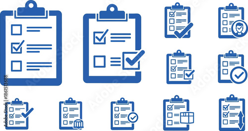 Collection of blue clipboard icons with checklists and completed tasks showcased