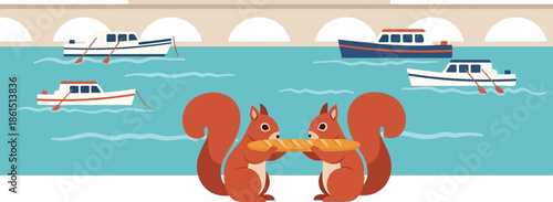 Two squirrels share a baguette near boats under an arched bridge