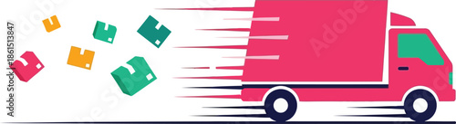 A pink delivery truck speeding with packages flying from the open back