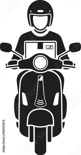 Delivery person on a scooter a black and white graphic illustration