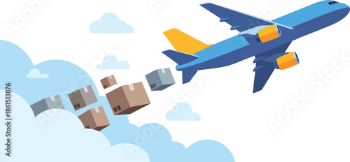 An airplane dropping packages from the sky cargo falling through clouds