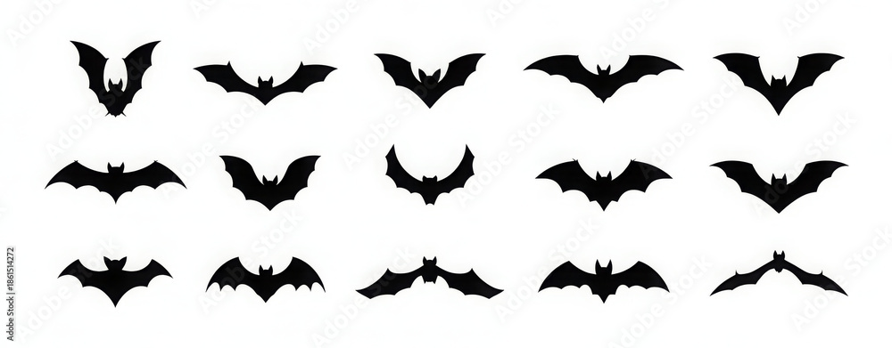 Fototapeta premium Halloween bat silhouette set isolated on white background. Spooky black horror bat graphic. Vector illustration 