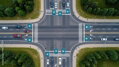 Aerial view of smart city road intersection with car sensors