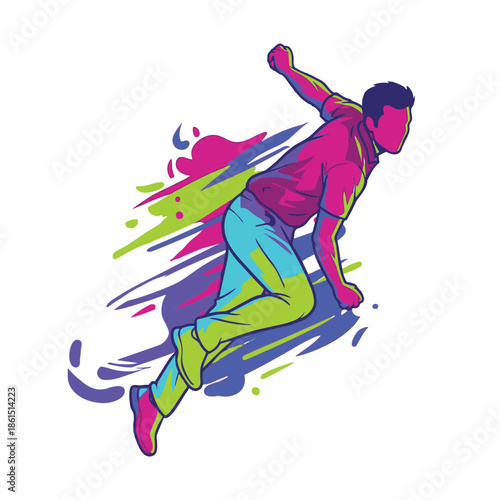 Vector illustration of a cricket fielder in motion with vibrant colors and dynamic strokes, representing speed and athletic energy.
