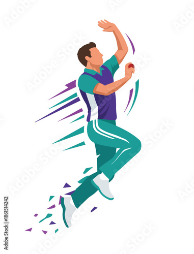 Vector illustration of a cricket bowler in mid-action with dynamic motion streaks. Modern flat style representing speed, energy, and sports performance.