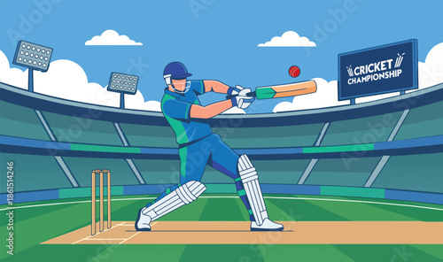 Vector illustration of a cricket batsman hitting the ball during a match inside a modern stadium.